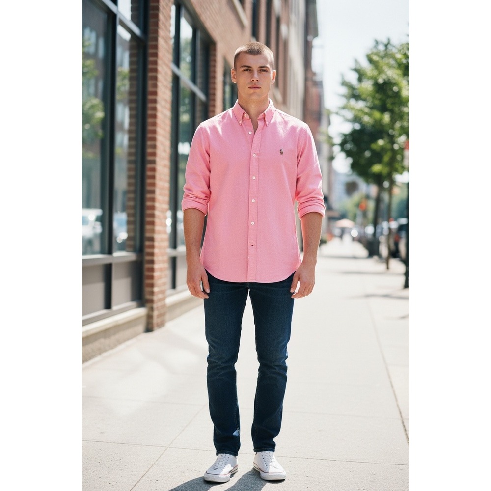 Ralph Lauren Mens Chambray Oxford Button Down Shirt Pink Long Sleeve Medium